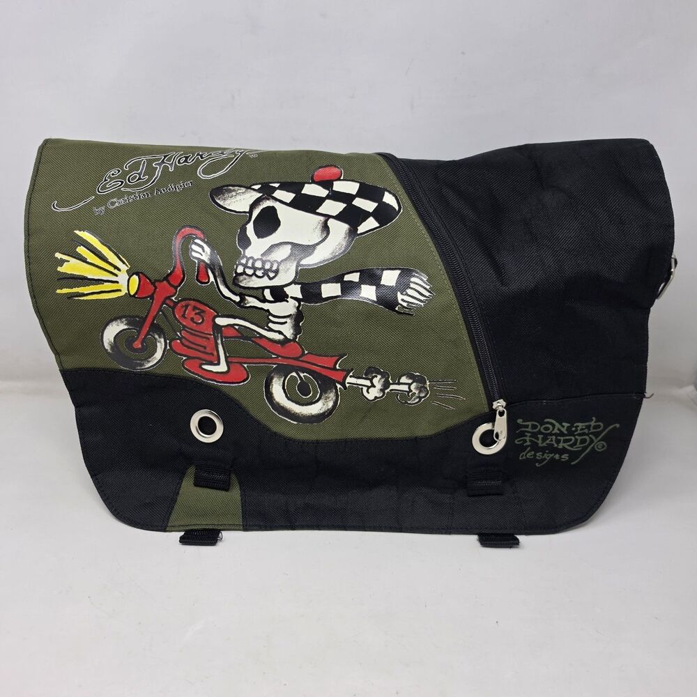 Don Ed Hardy Designs Skeleton Biker Messenger Bag Green Canvas Y2K Tattoo Art